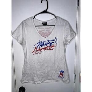 Harley Davidson T-Shirt Beach House Shallotte NC Women's Sz L White V-Neck Logo